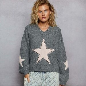 POL Balloon Sleeve Star Pattern Stud Detail Mohair Sweater Top